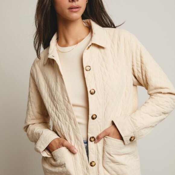 Diamond Quilted Corduroy Button-Up Jacket in Ecru - Picture 7 of 16